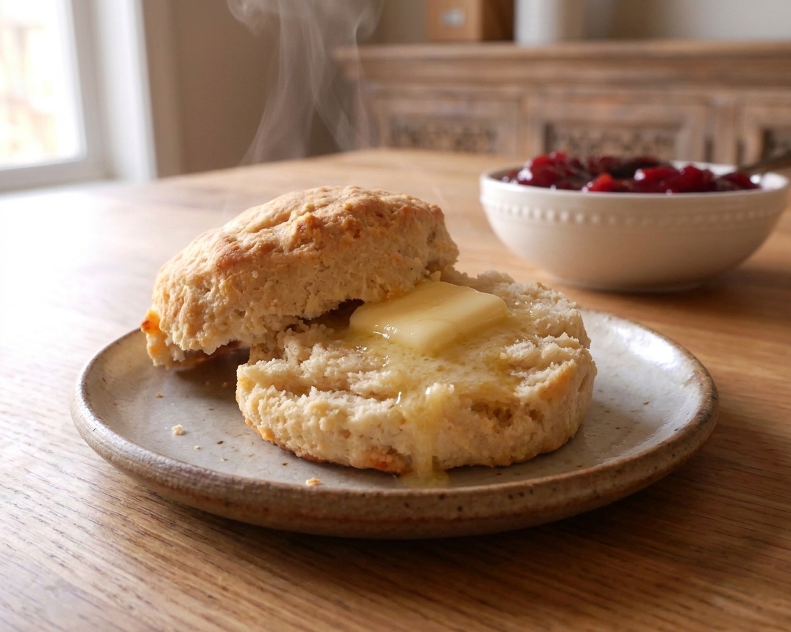 A warm gluten free biscuit split open with visible fluffy layers and butter melting inside on a small plate