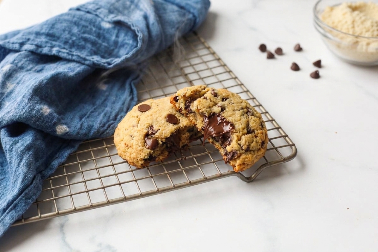 A warm gluten-free chocolate chip cookie broken in half to show a soft chewy center and melted chocolate