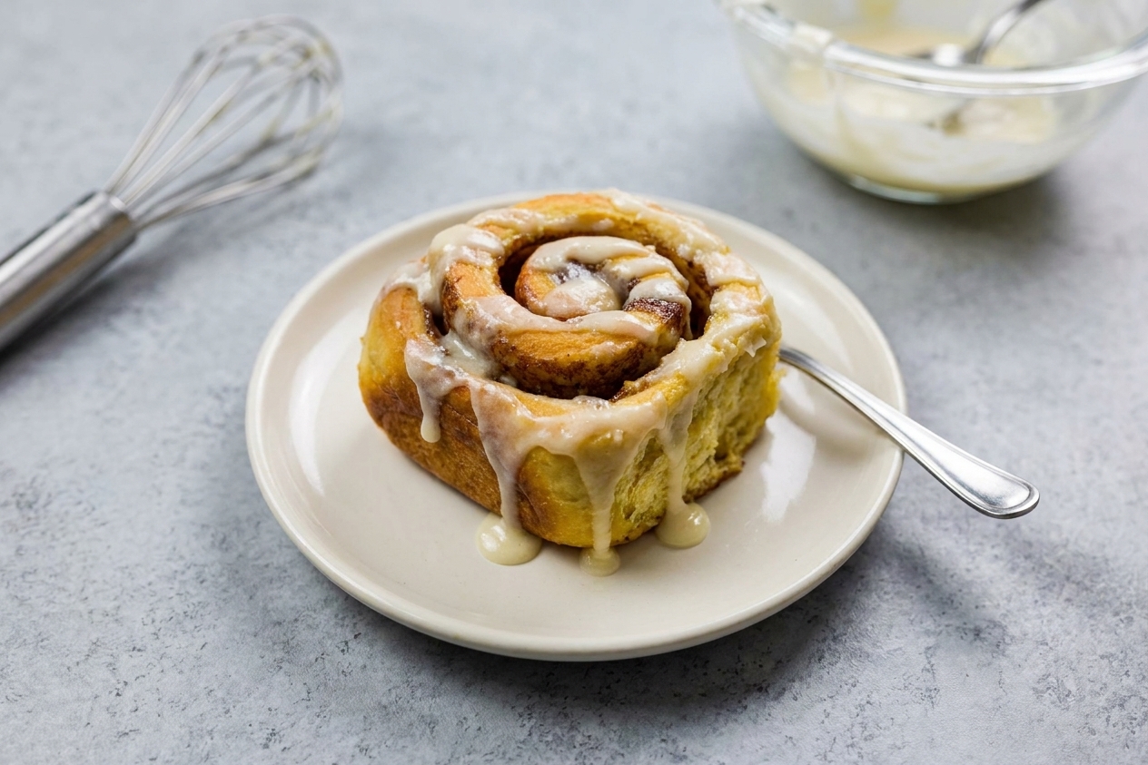 A warm gluten free cinnamon roll on a plate with cream cheese icing melting into the swirls
