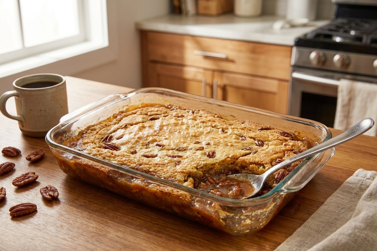A warm, golden pecan pie dump cake in a baking dish with a gooey caramel center and toasted pecans on top, set on a cozy kitchen table