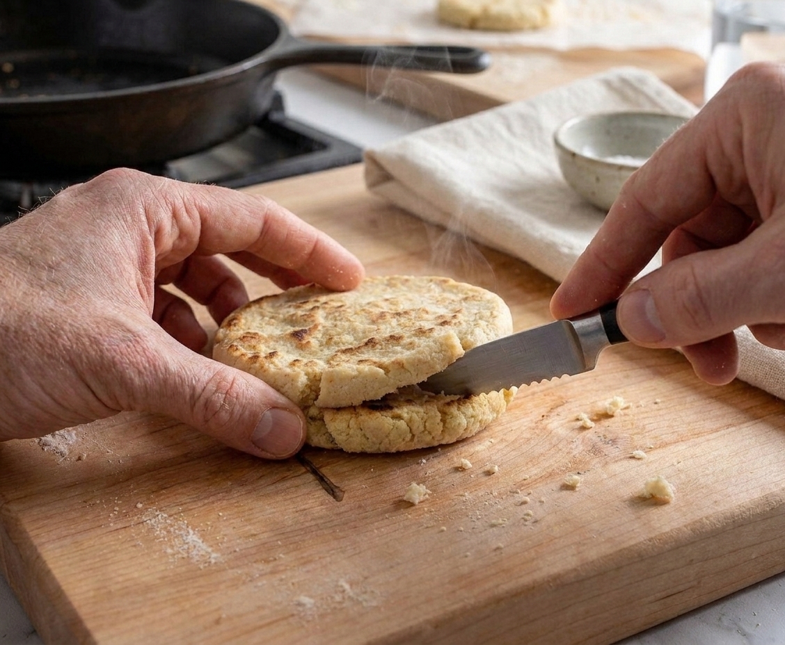 A warm gordita on a cutting board being carefully sliced open with a small knife to create a pocket
