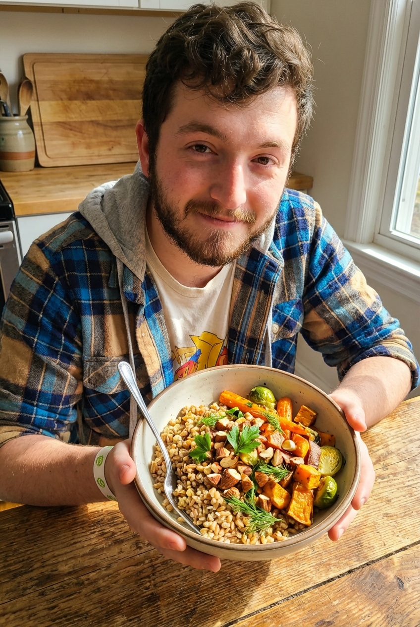 A warm grain bowl topped with roasted vegetables, chopped toasted nuts, and fresh herbs on a wooden table in sunlight