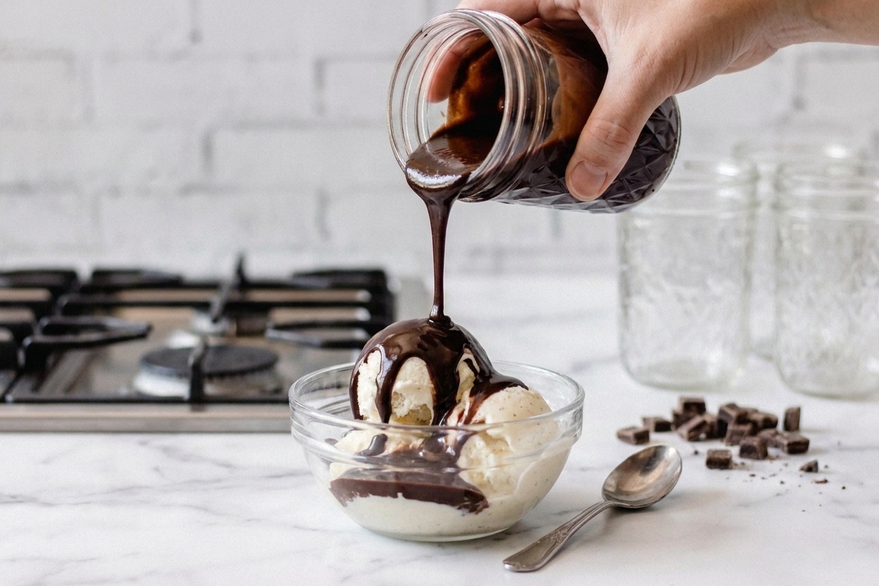 A warm jar of thick hot fudge sauce being poured over vanilla ice cream in a glass bowl on a cozy kitchen table