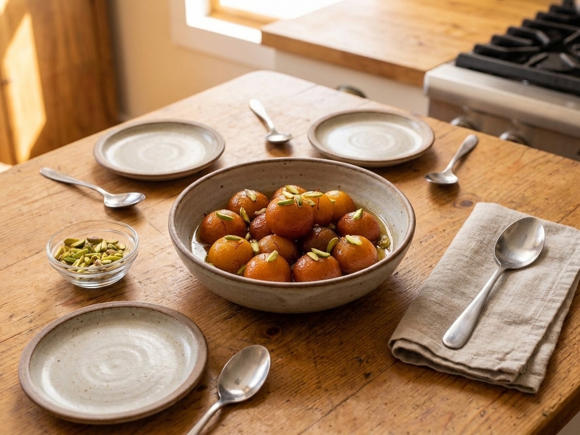 A warm kitchen-table setting with a serving bowl of gulab jamun, small dessert plates, and spoons ready for sharing