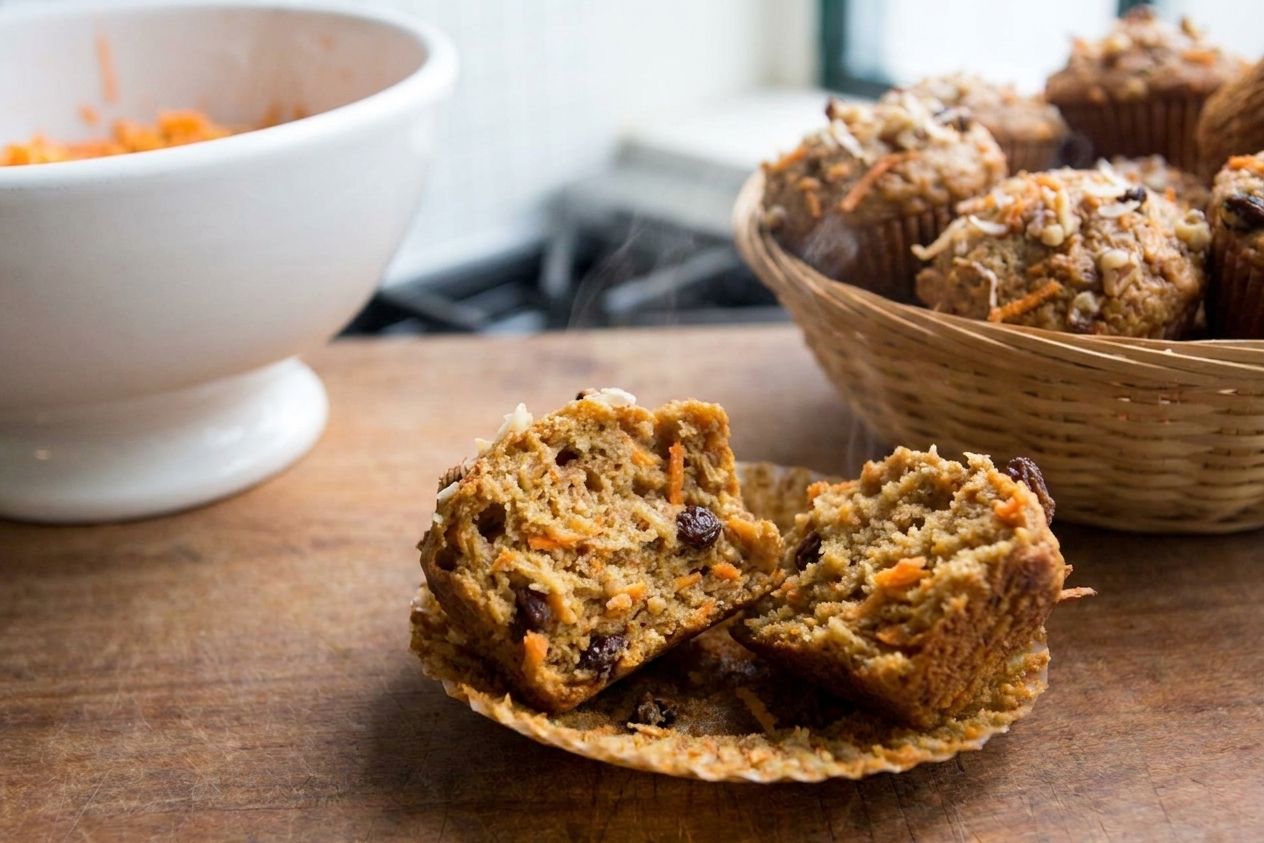 A warm morning glory muffin split open showing a moist crumb with shredded carrot, apple, and coconut
