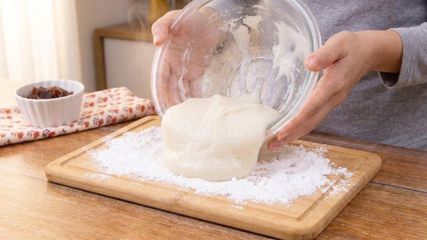 A warm mound of mochi dough turned out onto a cutting board and dusted with potato starch