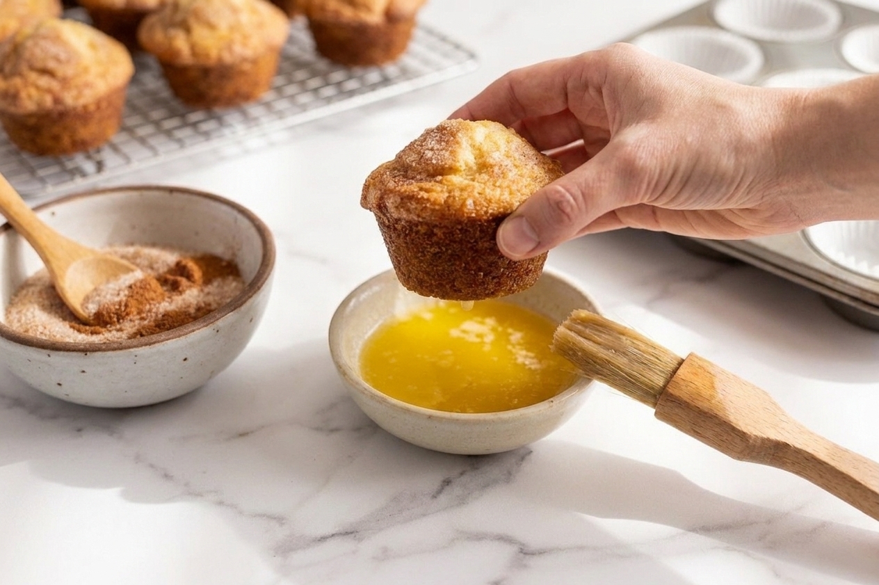 A warm muffin being dipped top-first into melted butter and then pressed into cinnamon sugar on a kitchen counter