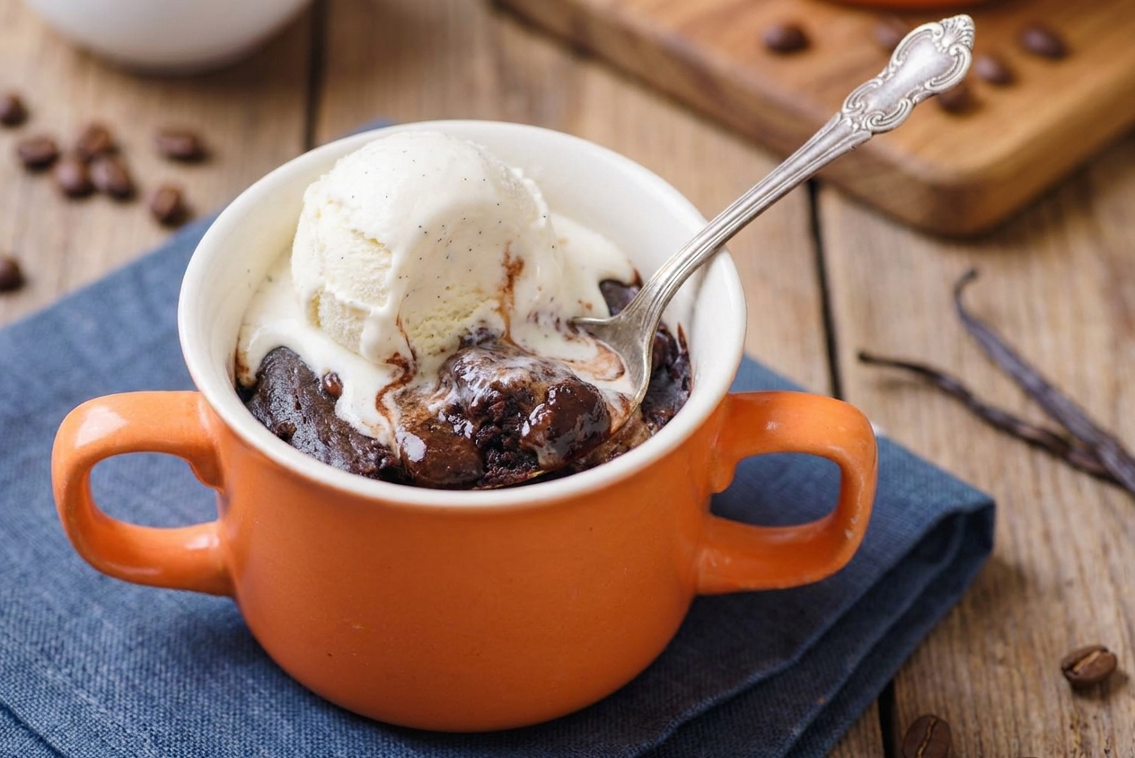A warm mug brownie with a scoop of vanilla ice cream melting on top and a spoon dipping into the gooey center on a wooden table