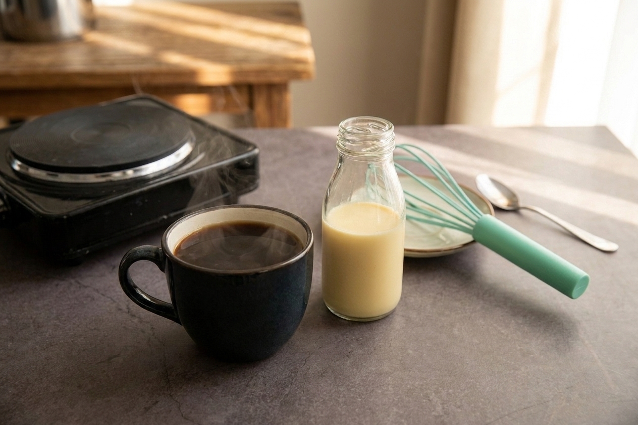 A warm mug of coffee on a kitchen counter with a small bottle of homemade creamer nearby