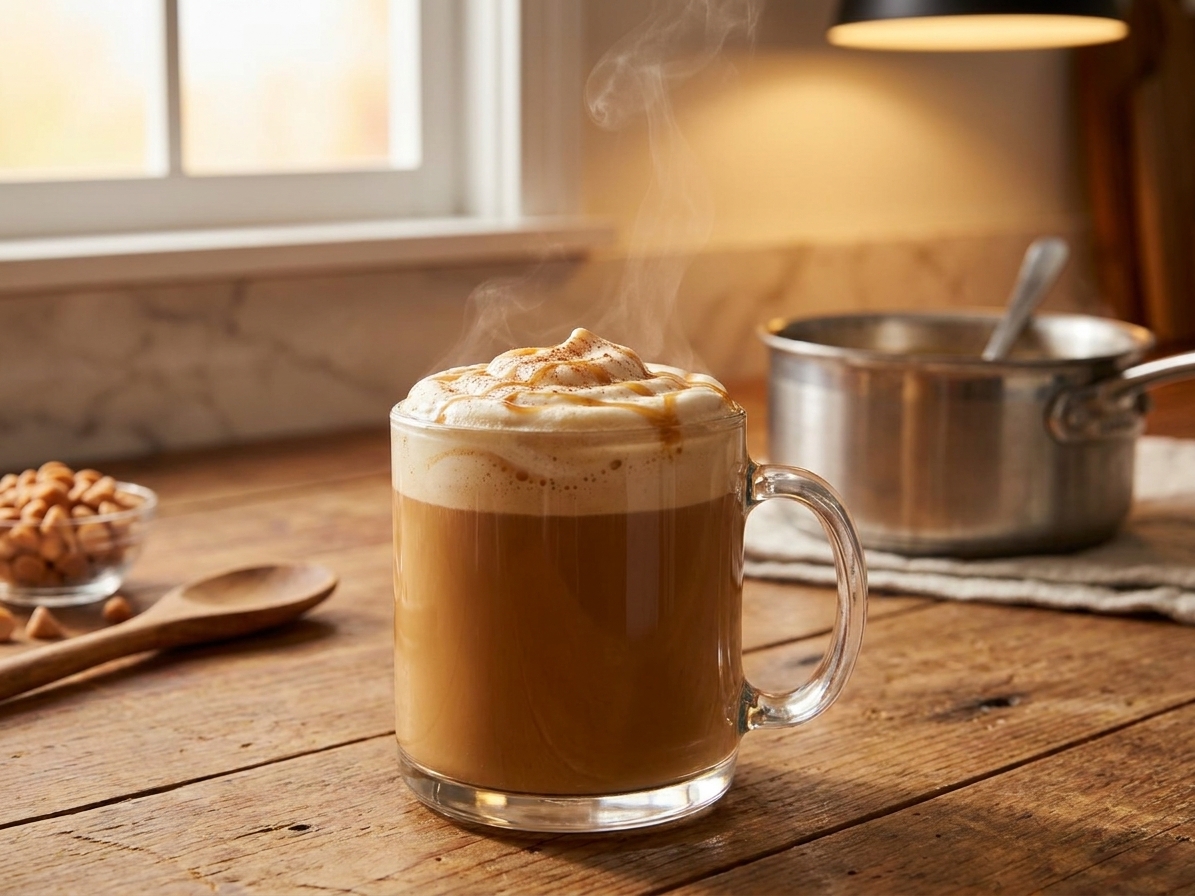 A warm mug of hot butterbeer with creamy foam on top, sitting on a kitchen counter with soft evening light