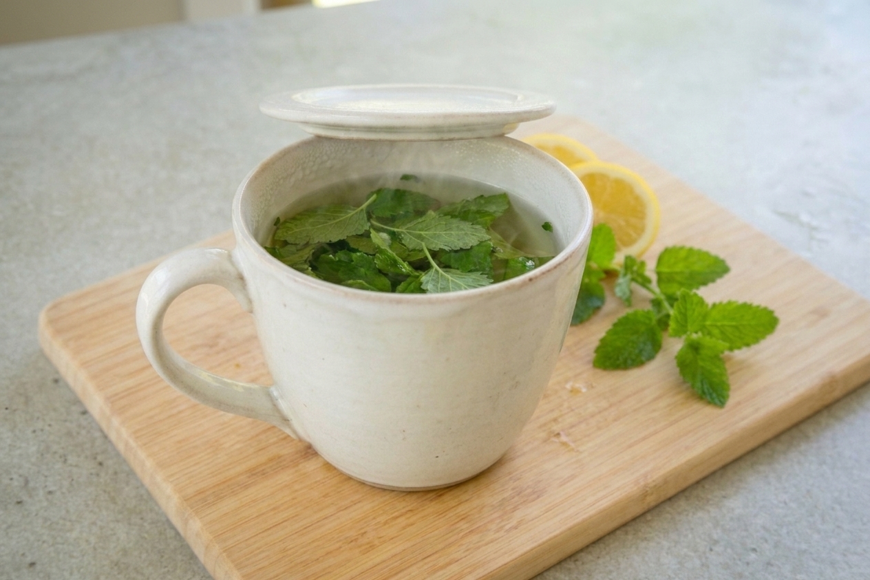 A warm mug of lemon balm tea on a wooden kitchen table with a few fresh lemon balm sprigs nearby in soft morning light
