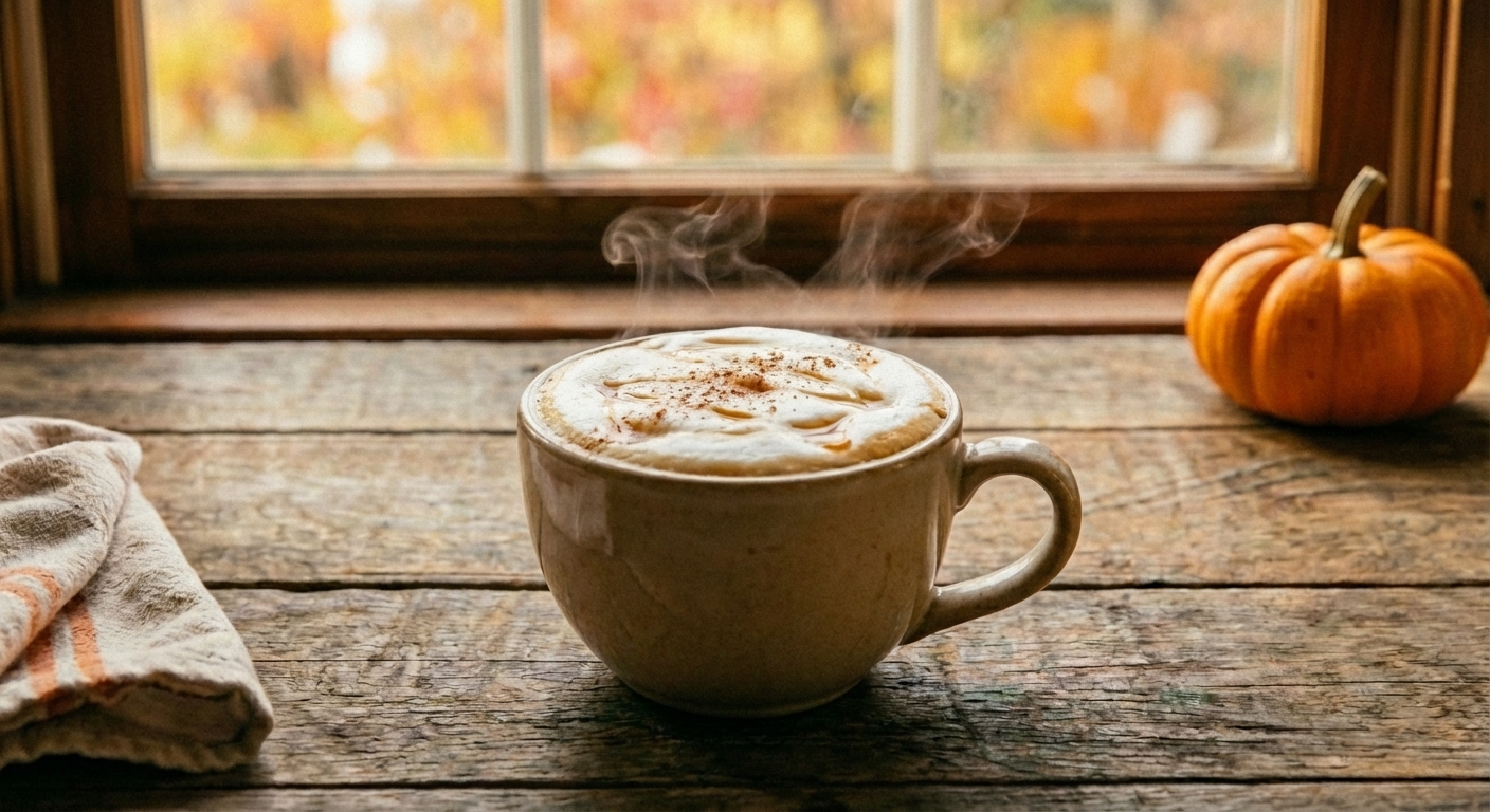 A warm mug of maple latte with foam on top on a kitchen counter