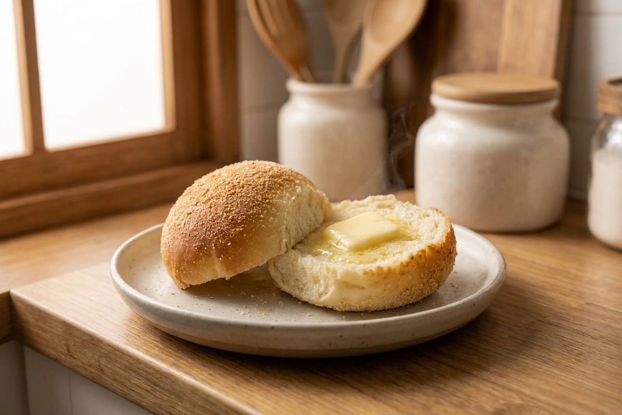 A warm pandesal roll split open on a plate with butter melting inside on a wooden kitchen table