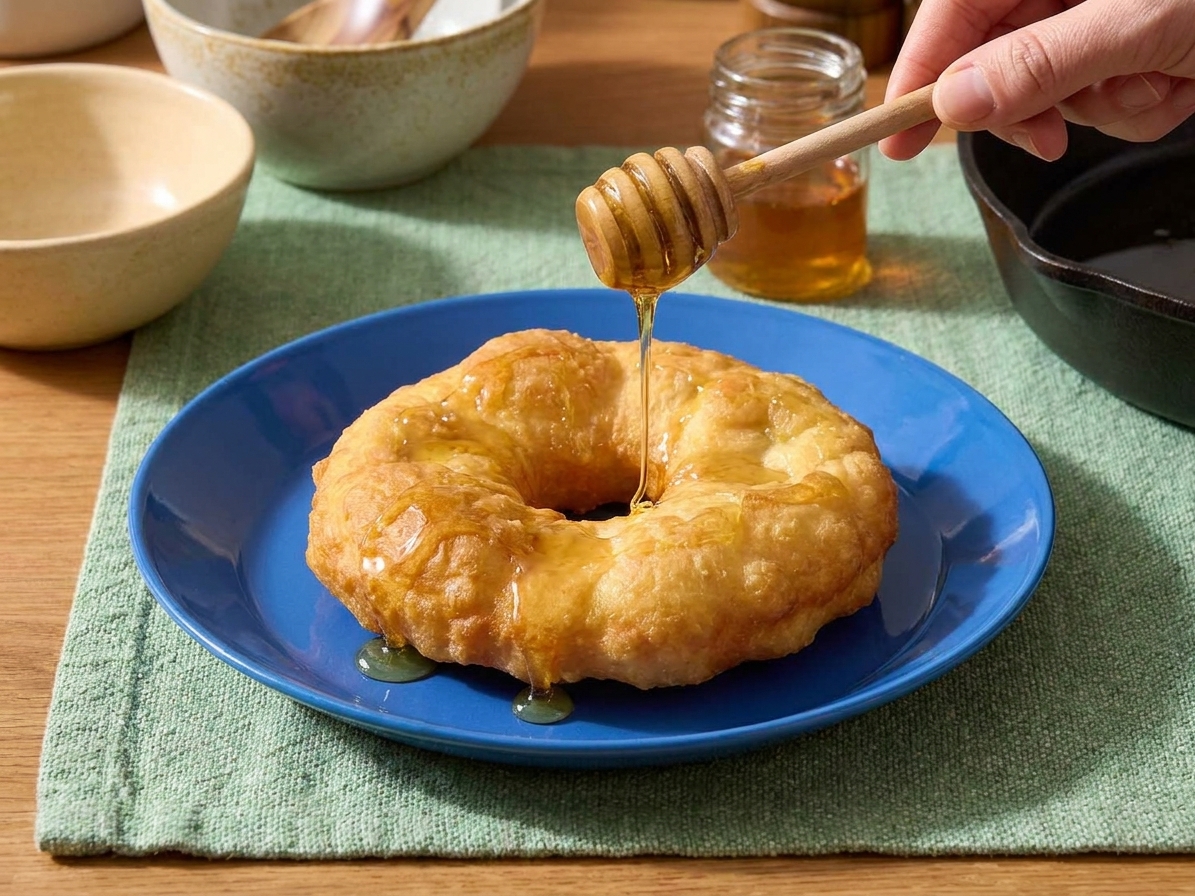A warm piece of fry bread on a plate with honey being drizzled over the top at a kitchen table
