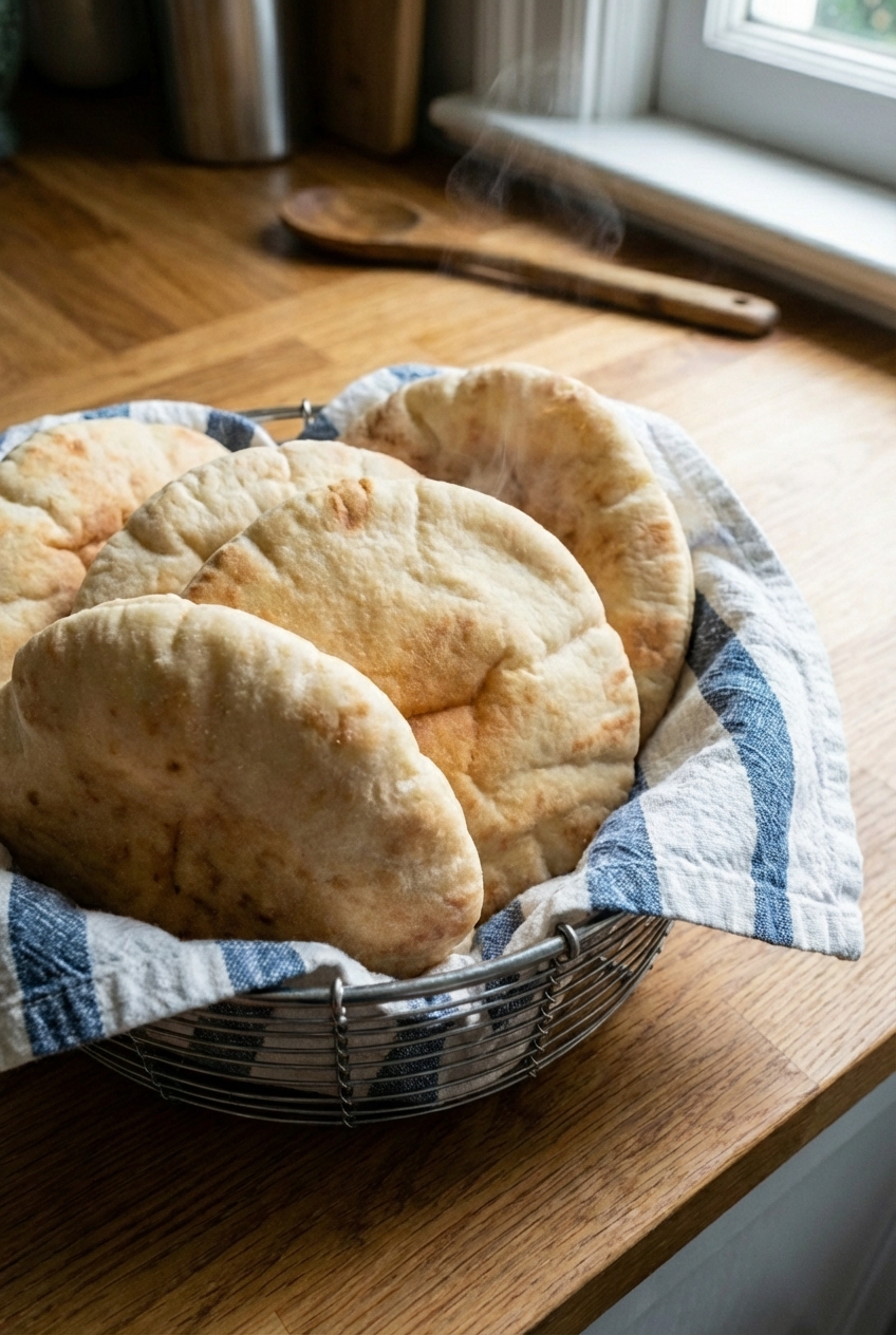 A warm pita basket lined with a kitchen towel on a wooden table