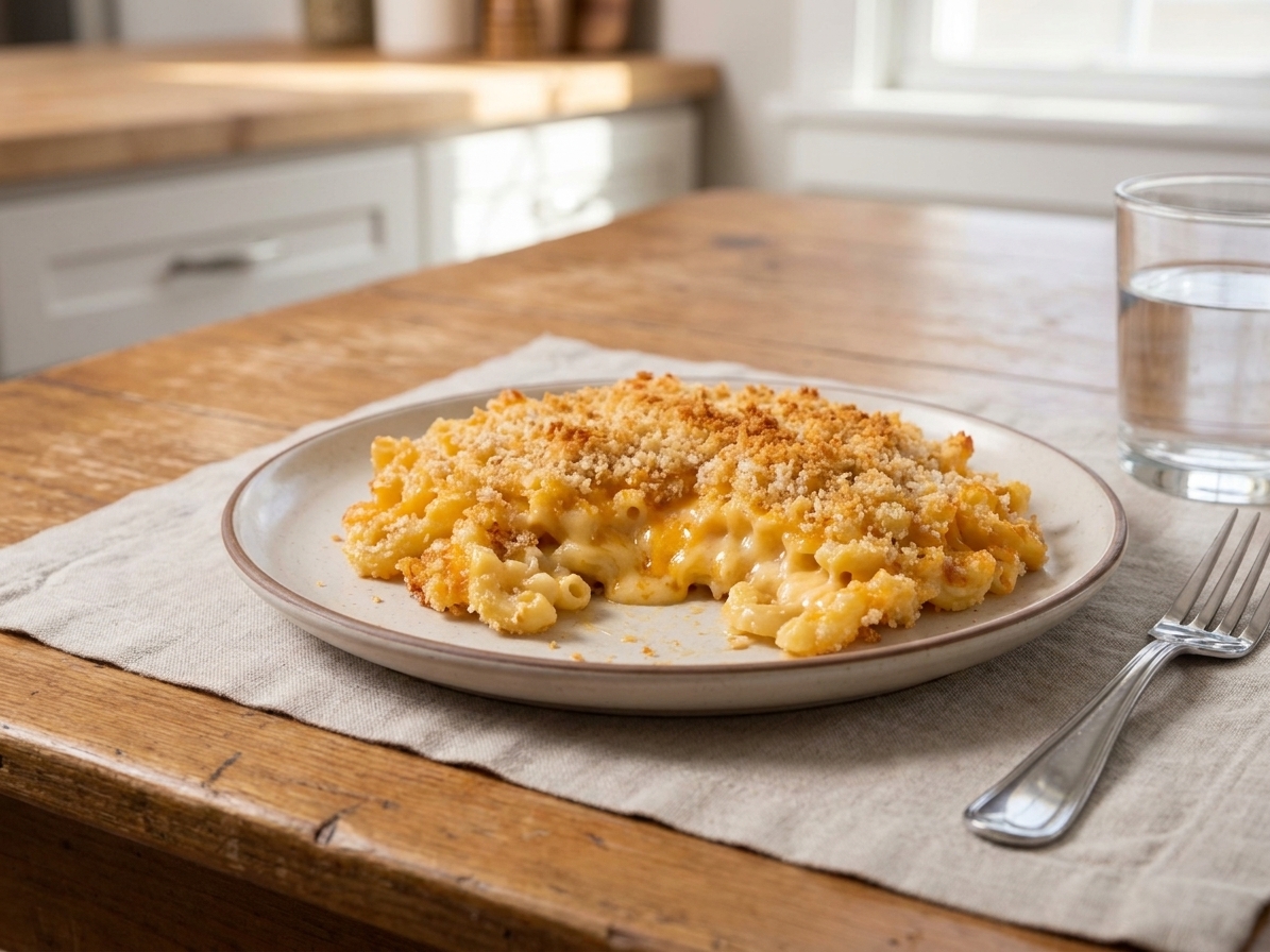 A warm plate of Southern baked mac and cheese with a golden breadcrumb top and creamy interior on a simple dinner table setting