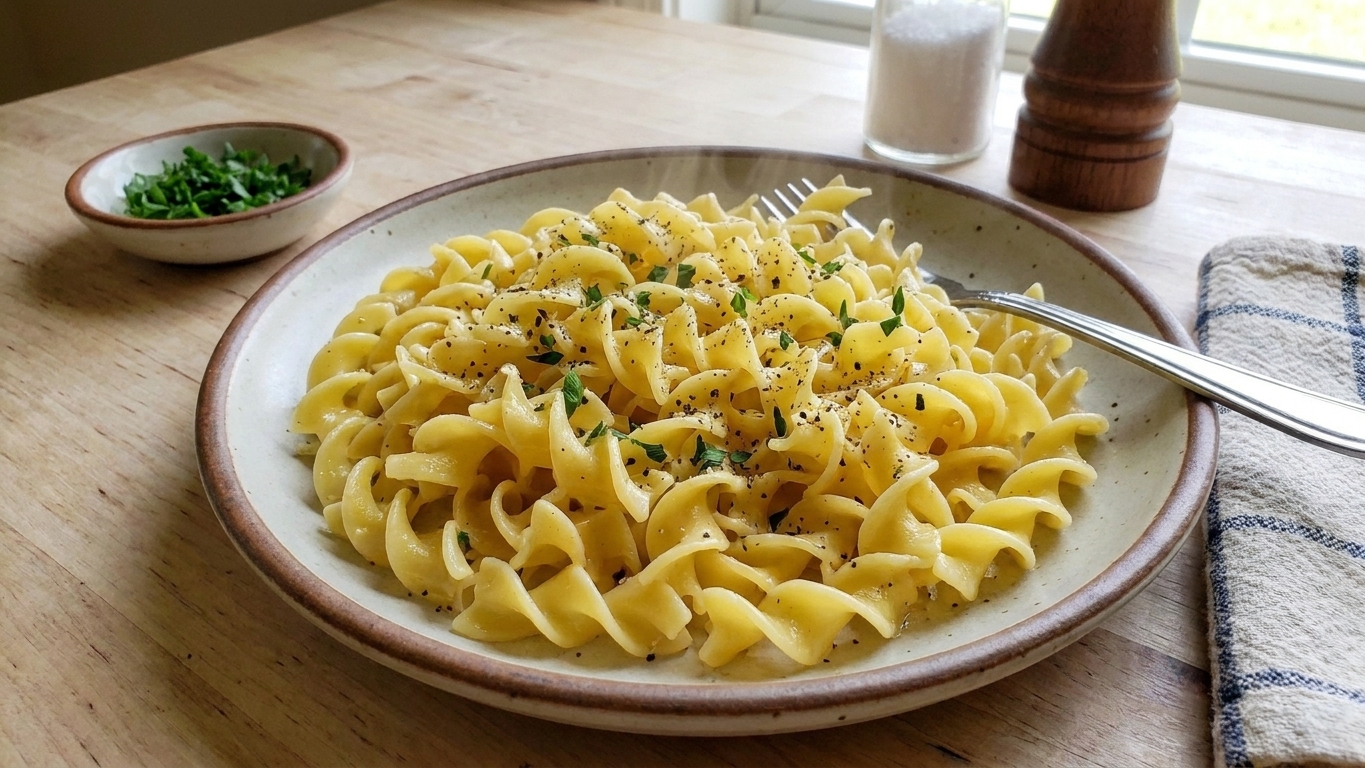A warm plate of buttery cafeteria-style egg noodles with black pepper and a sprinkle of parsley on a simple dinner table