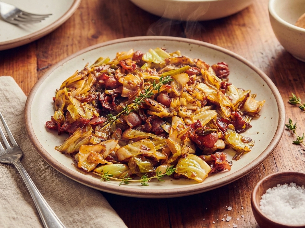 A warm plate of caramelized cabbage with crisp edges and bacon pieces, garnished with fresh herbs on a simple dinner table setting