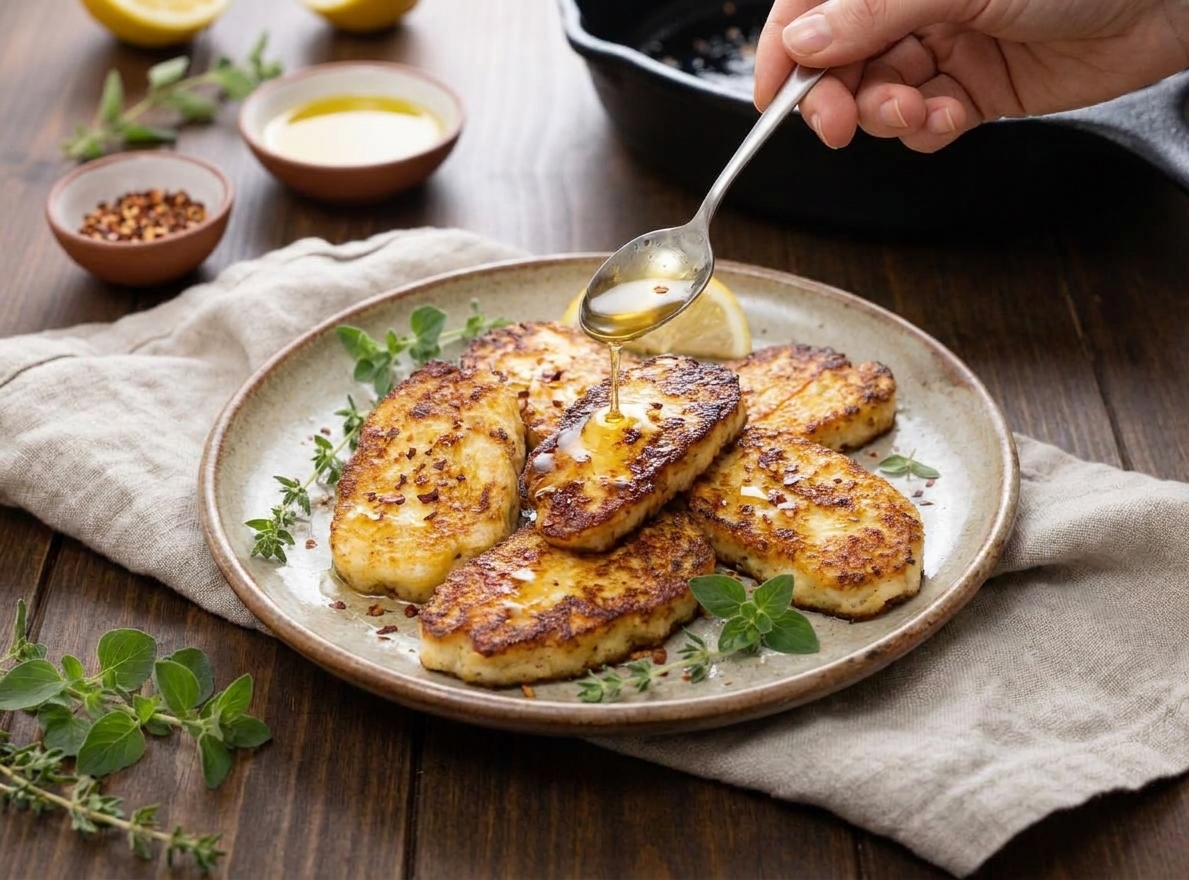 A warm plate of golden brown pan-seared halloumi slices with crisp edges, drizzled with lemon honey and sprinkled with chili flakes on a rustic kitchen table