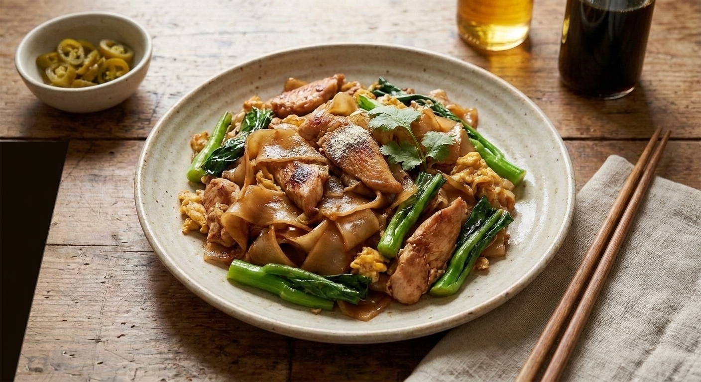 A warm plate of pad see ew with glossy wide rice noodles, chicken, and Chinese broccoli