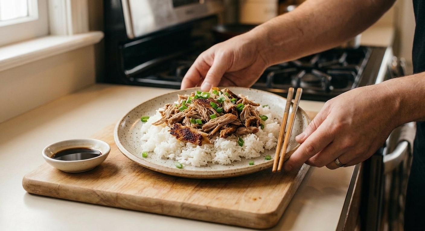 A warm plate of shredded kalua pork with crisp browned edges served over white rice with green onions on a neutral kitchen table setting