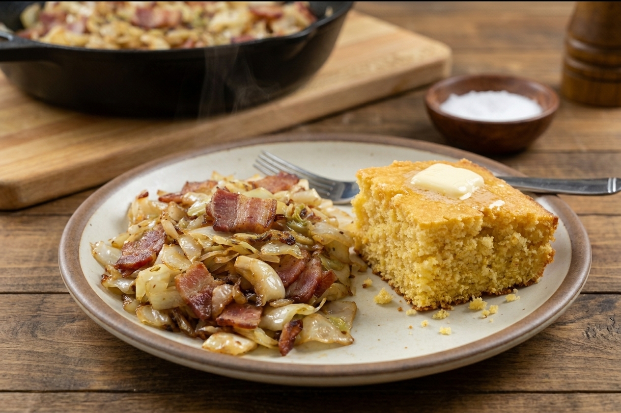 A warm plate with Southern fried cabbage and bacon served alongside cornbread on a simple dinner table setting