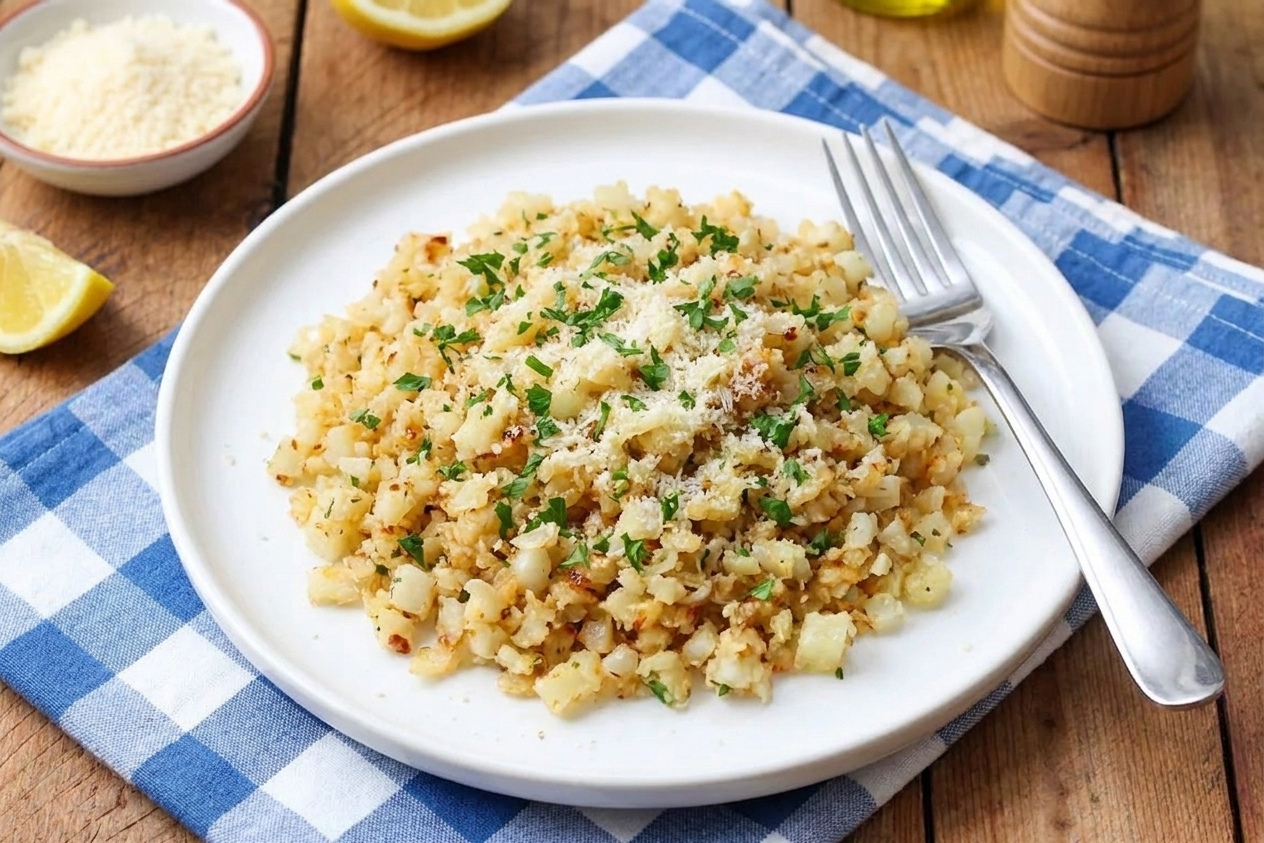 A warm plated serving of garlic Parmesan cauliflower rice with chopped parsley on top, set on a simple dinner table with a fork and linen napkin