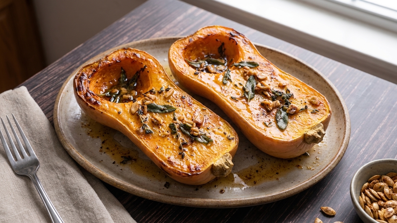 A warm platter of roasted pepper squash halves with caramelized edges, flecks of herbs, and glossy browned-butter drizzle on a wooden table with soft natural light