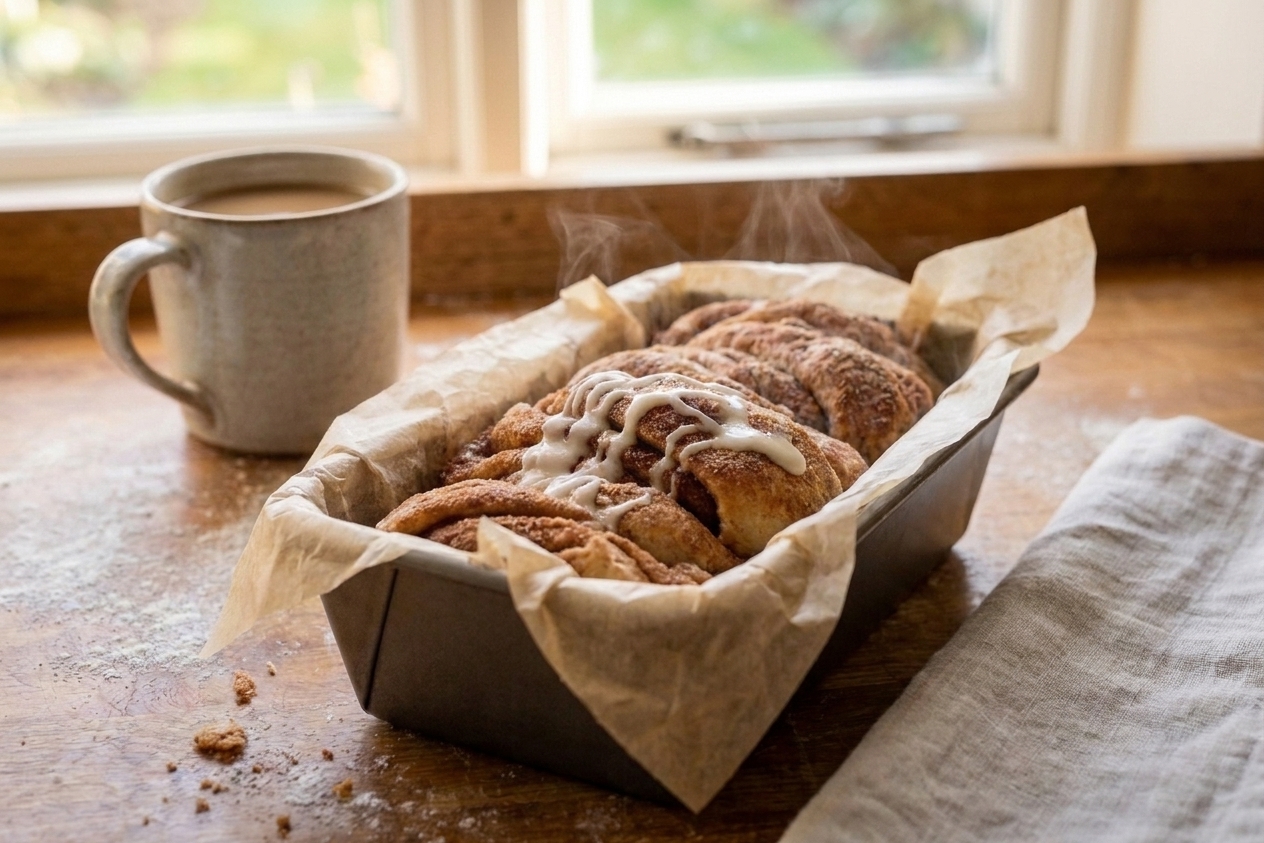 A warm pull-apart cinnamon bread loaf in a parchment-lined pan, topped with glossy vanilla icing and scattered cinnamon sugar on a wooden kitchen counter