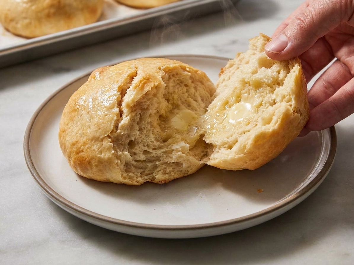 A warm quick bread bun torn open to show a soft fluffy interior, with butter melting on the surface on a simple plate