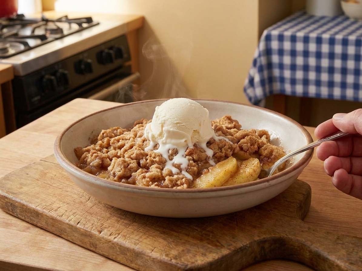 A warm scoop of apple crisp without oats in a shallow bowl with a melting scoop of vanilla ice cream on top