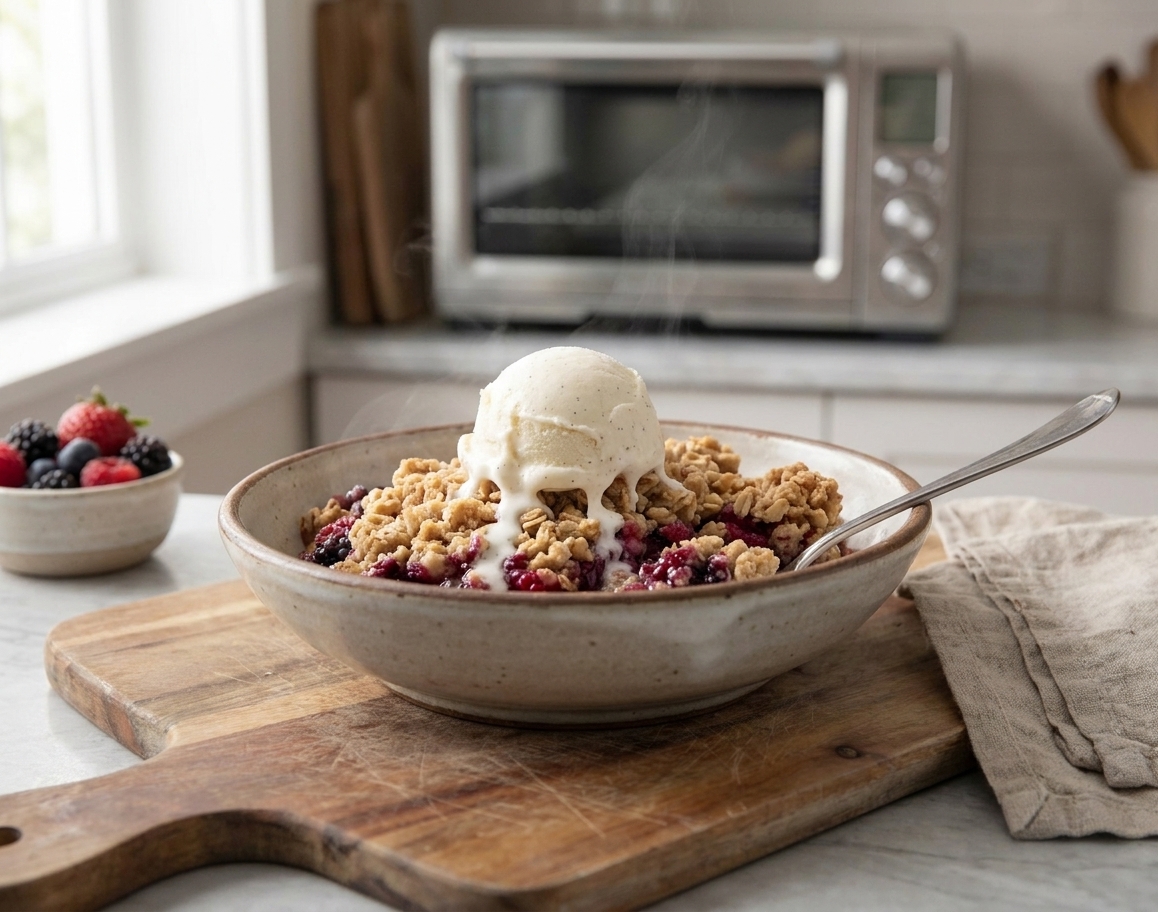 A warm scoop of berry crumble in a bowl with melting vanilla ice cream on a wooden table setting