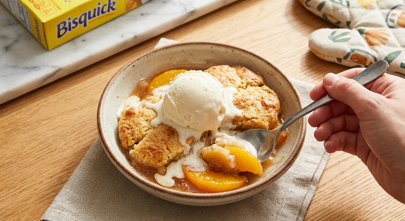 A warm scoop of bisquick peach cobbler served in a bowl with a melting scoop of vanilla ice cream on a wooden table setting