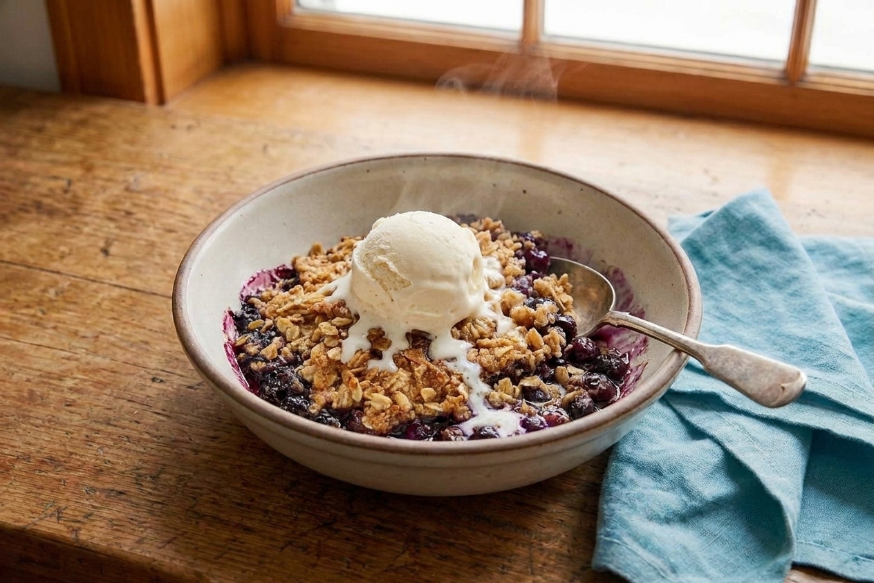 A warm scoop of blueberry crumble in a bowl topped with melting vanilla ice cream on a wooden table setting