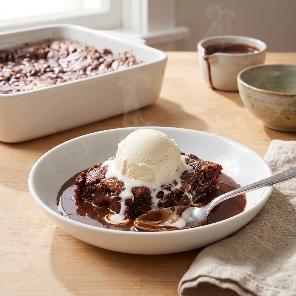 A warm scoop of brownie pudding in a shallow bowl with a glossy chocolate sauce pooling around it and a scoop of vanilla ice cream melting on top, on a wooden table