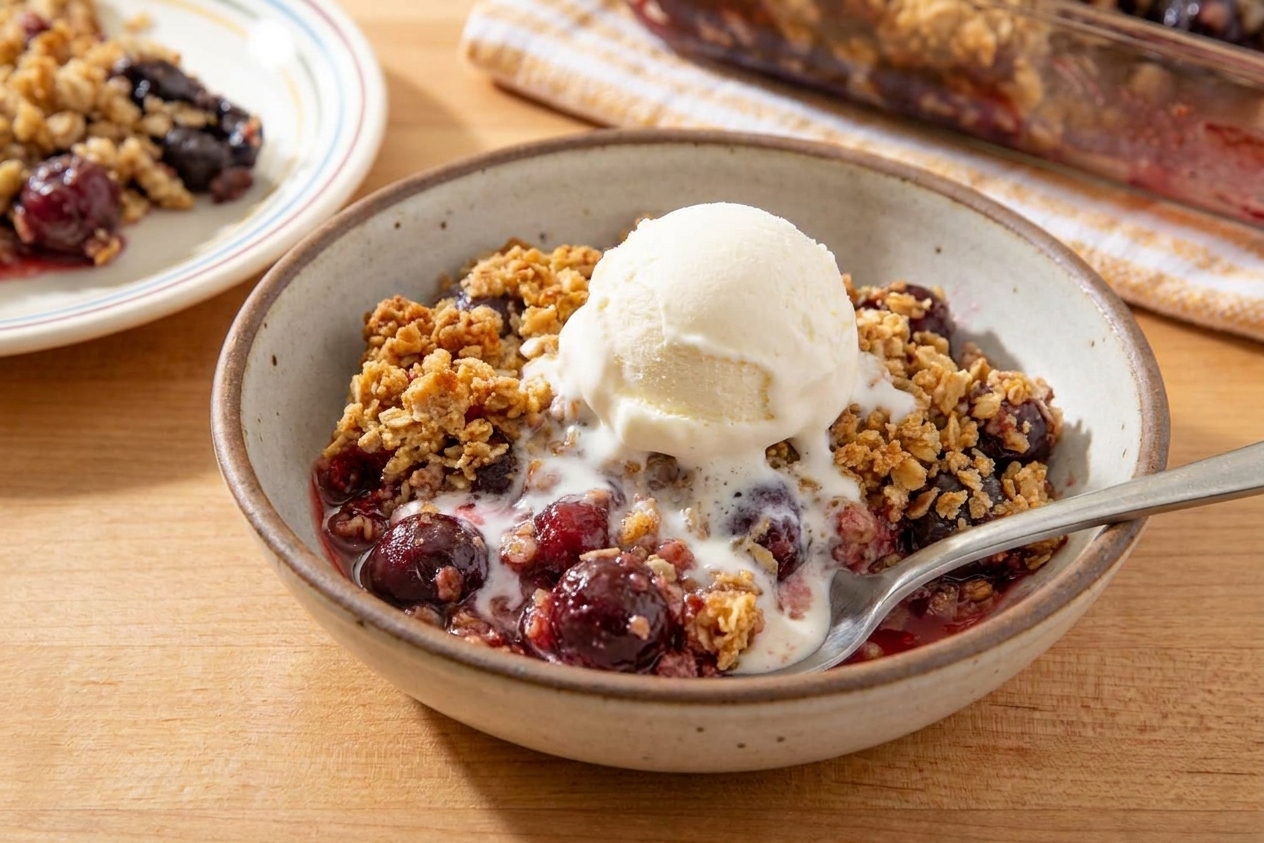 A warm scoop of cherry crisp in a bowl with melting vanilla ice cream and visible oat crumble