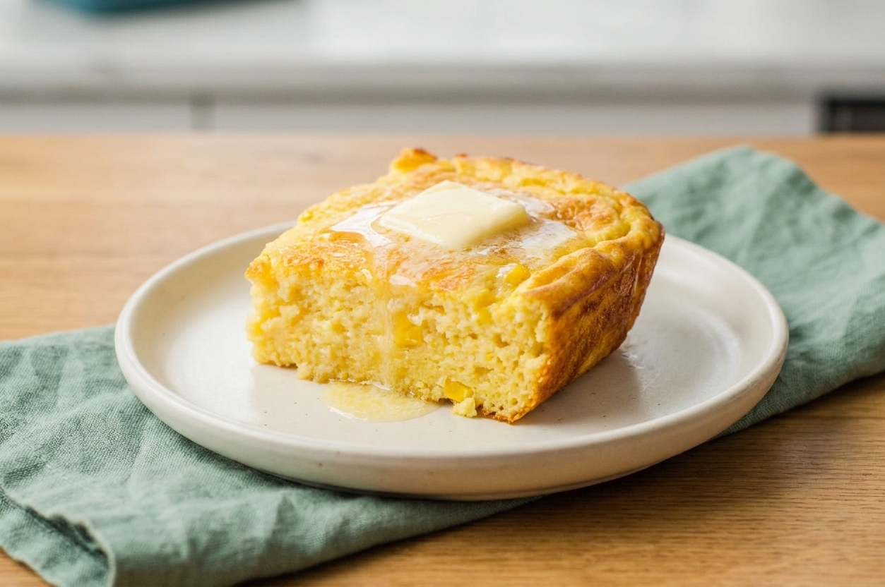 A warm scoop of cornbread pudding served on a small plate with a pat of butter melting on top on a simple kitchen table
