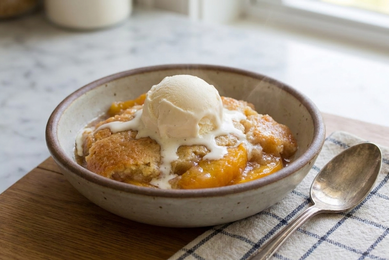 A warm scoop of peach cobbler in a bowl topped with a melting scoop of vanilla ice cream on a wooden table setting