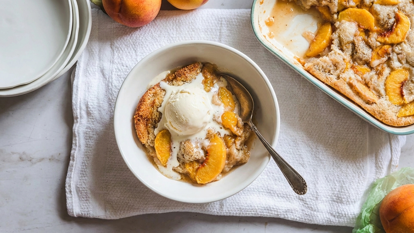 A warm scoop of peach cobbler served in a bowl with melting vanilla ice cream on a table setting