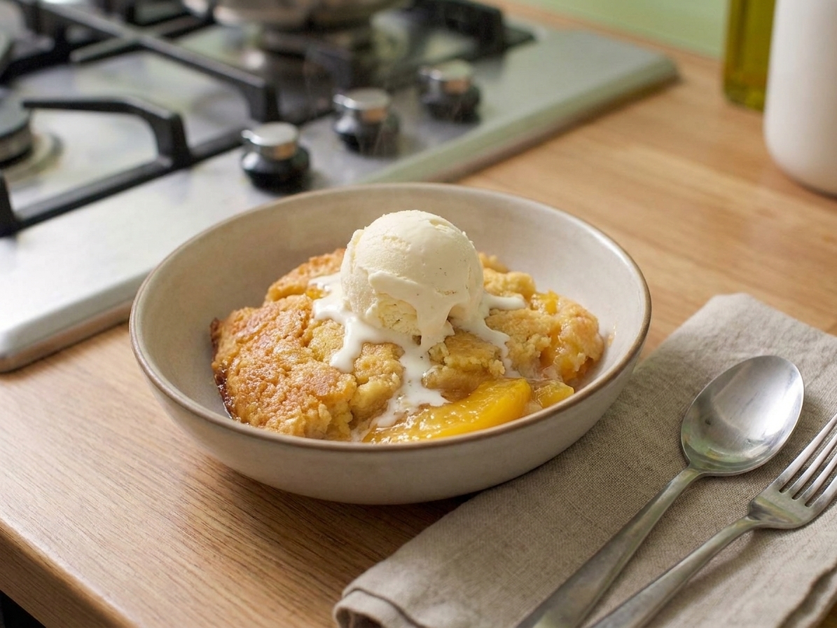 A warm scoop of peach dump cake in a bowl topped with vanilla ice cream on a wooden table with simple place setting