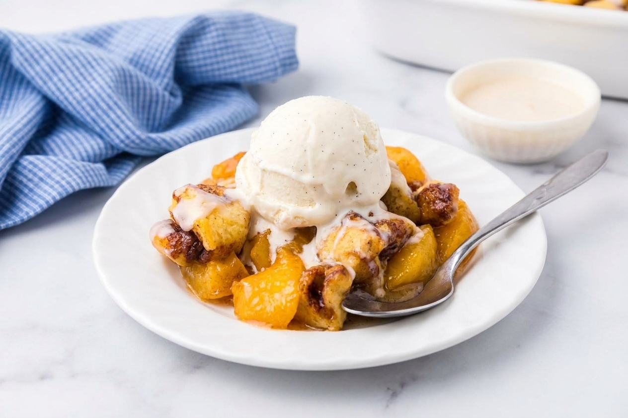 A warm scoop of peach dump cake on a plate topped with vanilla ice cream on a simple dessert table setting