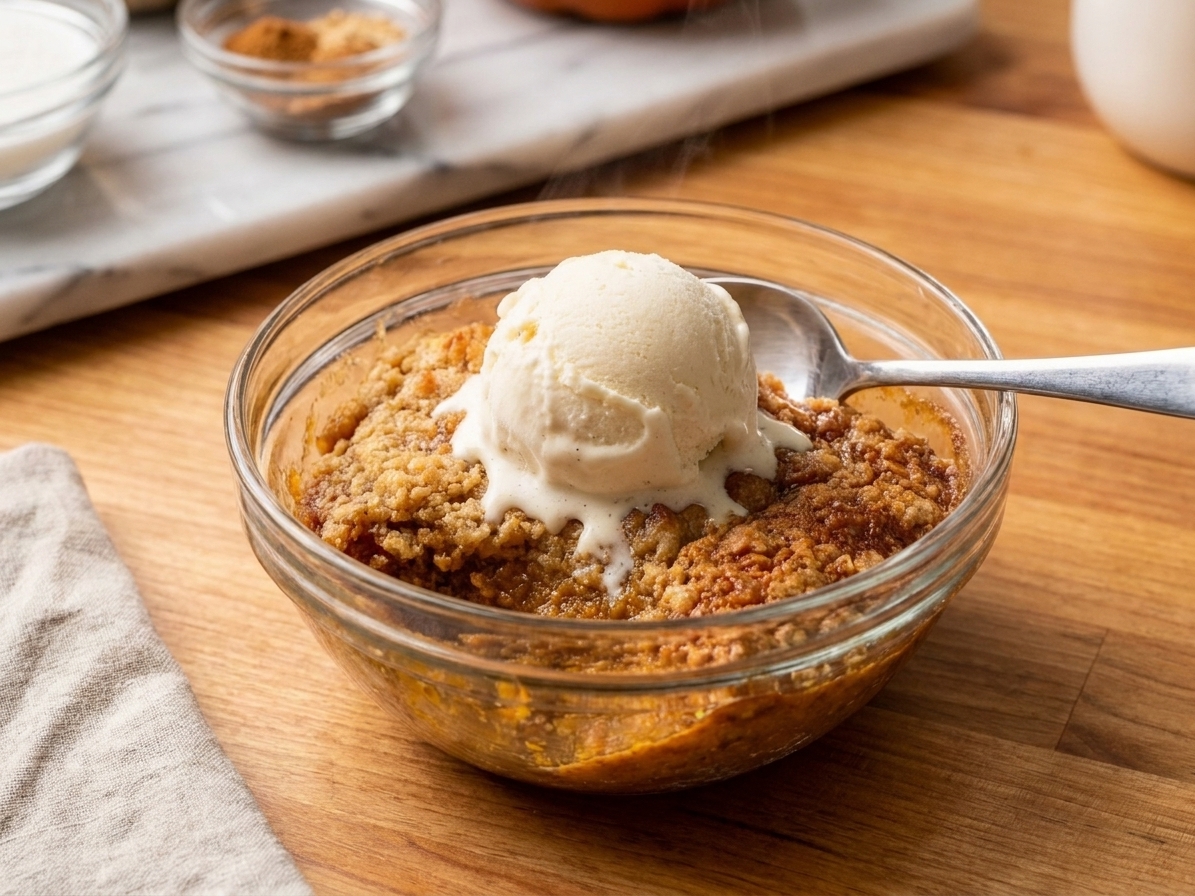 A warm scoop of pumpkin dump cake in a bowl topped with vanilla ice cream, with a spoon resting on the side