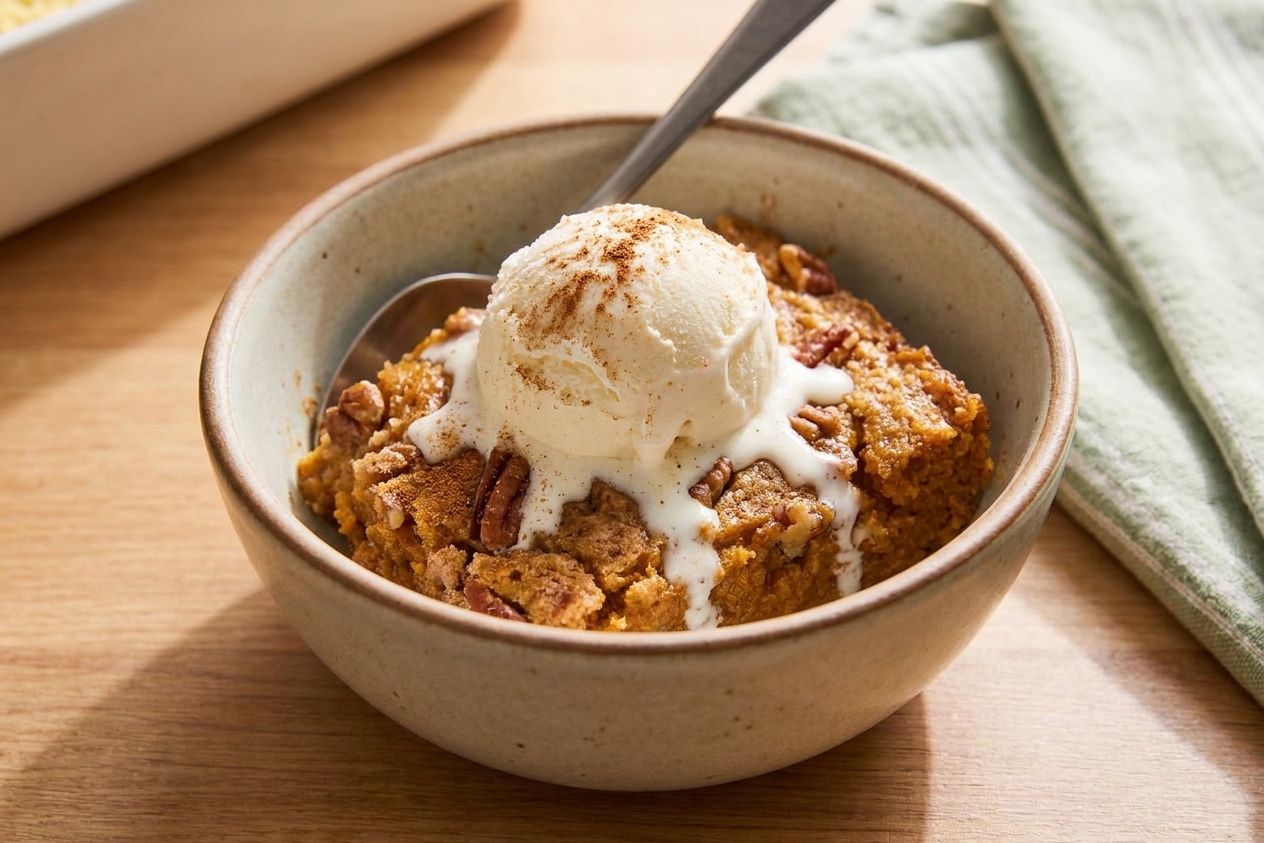 A warm scoop of pumpkin dump cake served in a bowl with melting vanilla ice cream and a sprinkle of cinnamon on top