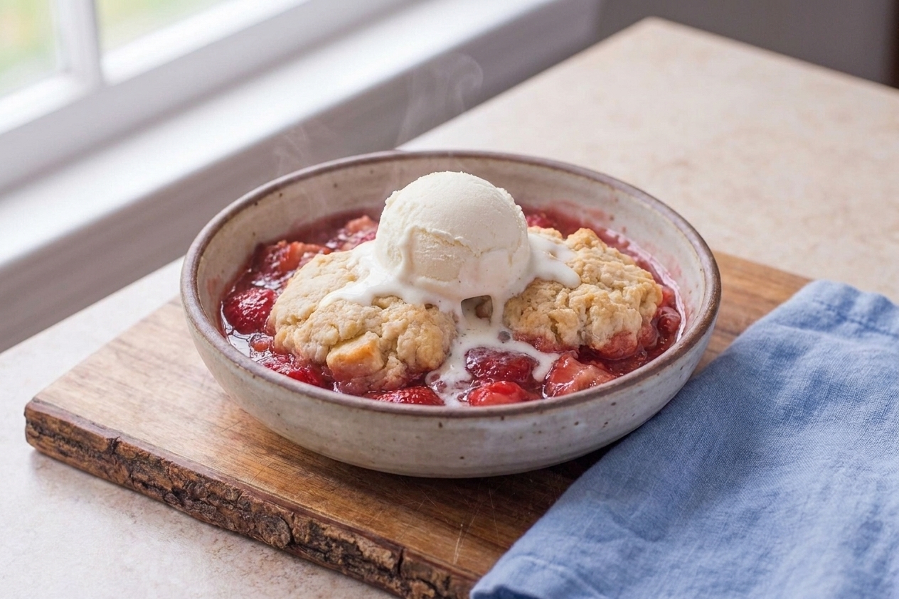 A warm scoop of strawberry cobbler in a bowl topped with melting vanilla ice cream on a wooden table