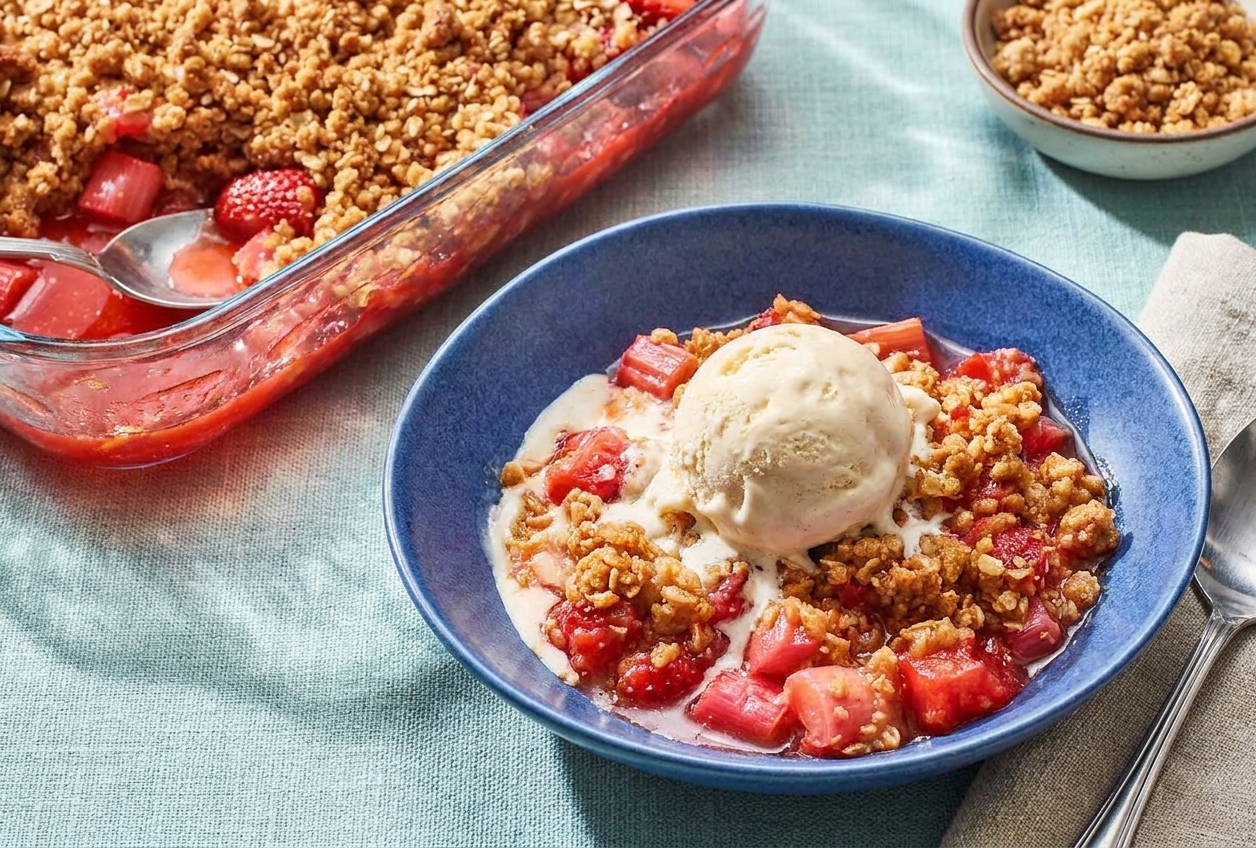 A warm scoop of strawberry rhubarb crisp in a bowl topped with melting vanilla ice cream on a simple table setting