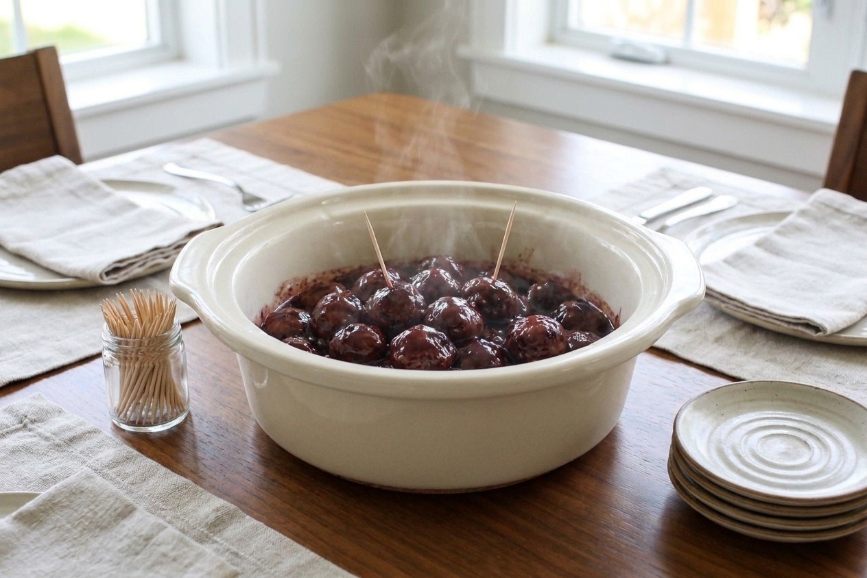 A warm serving bowl filled with grape jelly meatballs and glossy sauce on a set dining table with toothpicks and small plates