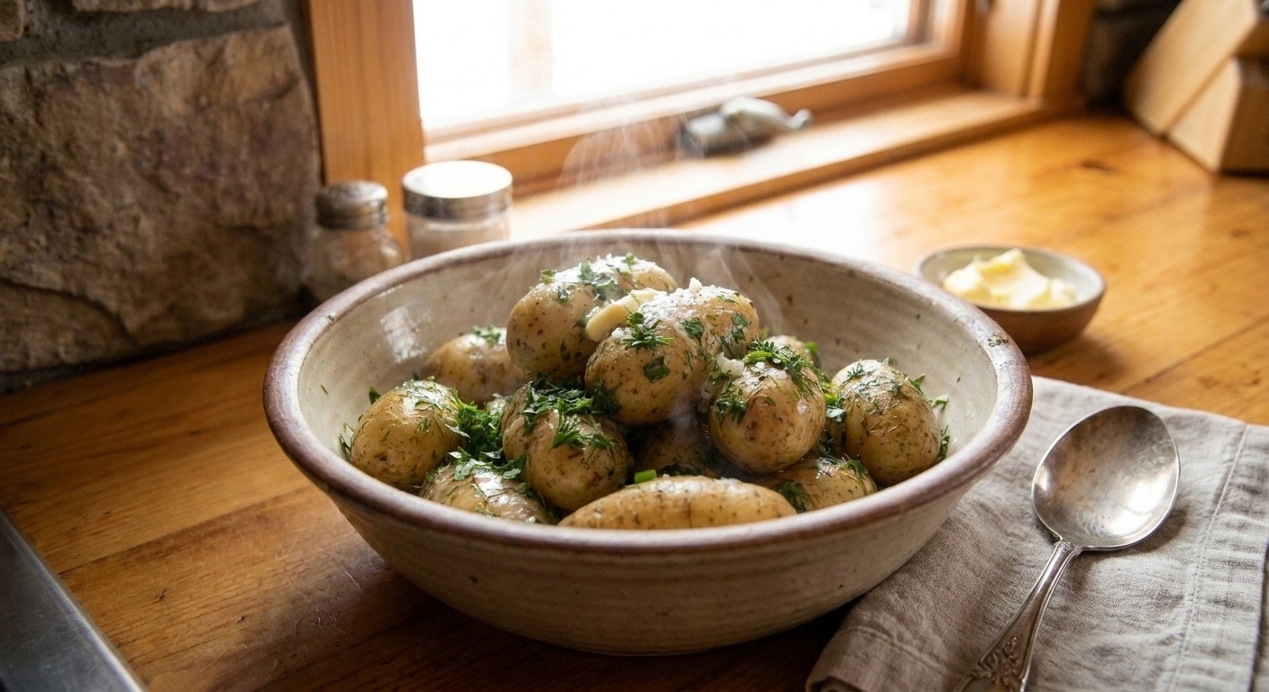 A warm serving bowl of boiled potatoes tossed with butter, chopped parsley, and flaky salt on a cozy kitchen table with soft natural light