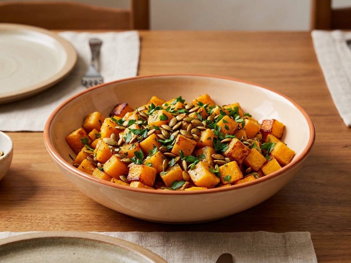 A warm serving bowl of roasted butternut squash cubes topped with chopped parsley and toasted pumpkin seeds on a simple dinner table setting