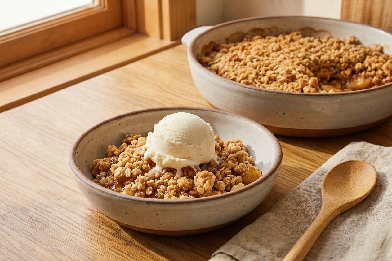 A warm serving of apple crunch in a bowl topped with a scoop of vanilla ice cream on a wooden table with a spoon