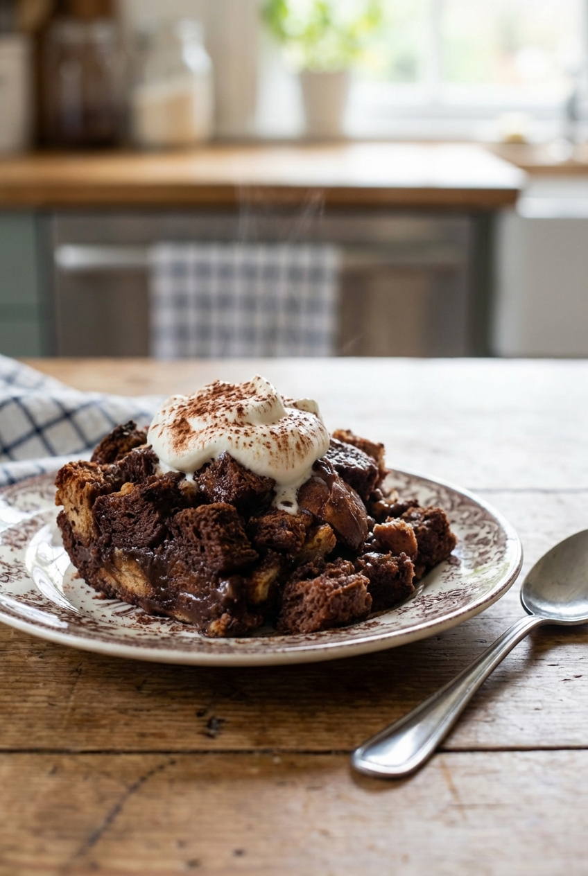 A warm serving of chocolate stuffing on a plate topped with whipped cream, with a spoon beside it